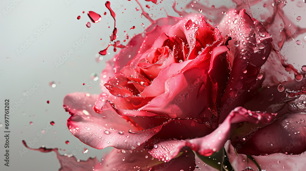 A rose created using red-pink liquid on a light gray background. A rose created using red-pink liquid on a light gray background.