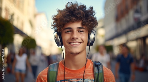 Genuine photo of cheerful adolescent guy with dental braces listening to music gazing at viewer while standing on sidewalk, with companions in the backdrop. Optimistic way of living, summertime idea. photo