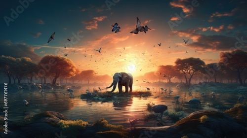 Elephant in the savannah at sunset