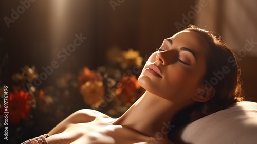 Stunning young lady indulging in spa massage with closed eyes on massage table for skin rejuvenation and relaxation. photo