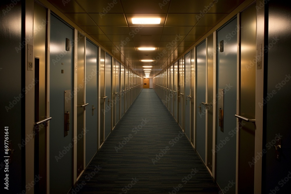 A dimly lit hallway with rows of doors, leading to office spaces. Generative AI