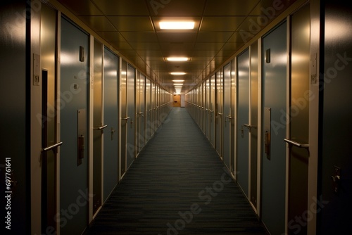 A dimly lit hallway with rows of doors, leading to office spaces. Generative AI