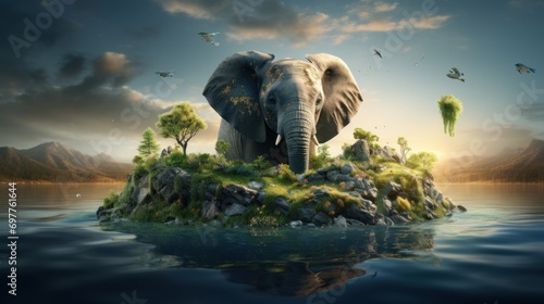 Elephant on island in lake.