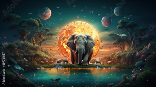 Fantasy landscape with an elephant on a background of the planet. © Ali
