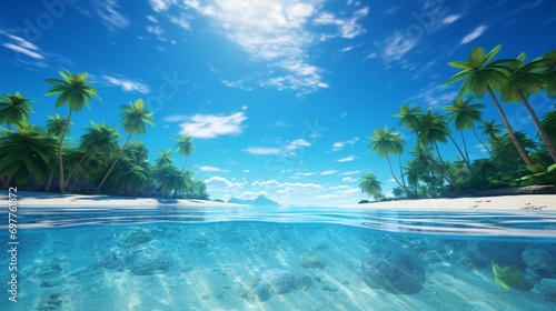 A tropical beach with palm trees and crystal-clear waters  reflecting a bright blue sky.