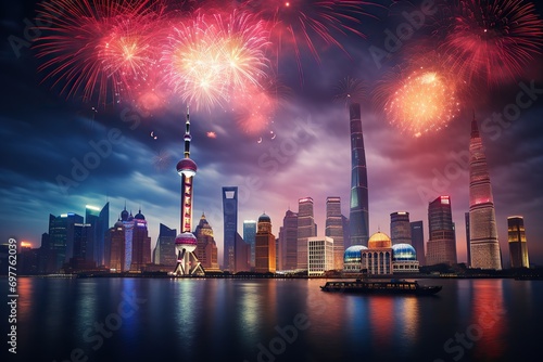 Houses on the waterfront, which are decorated with traditional Chinese paper lanterns, colorful fireworks exploding over Chinese skyscrapers in Shanghai on New Year