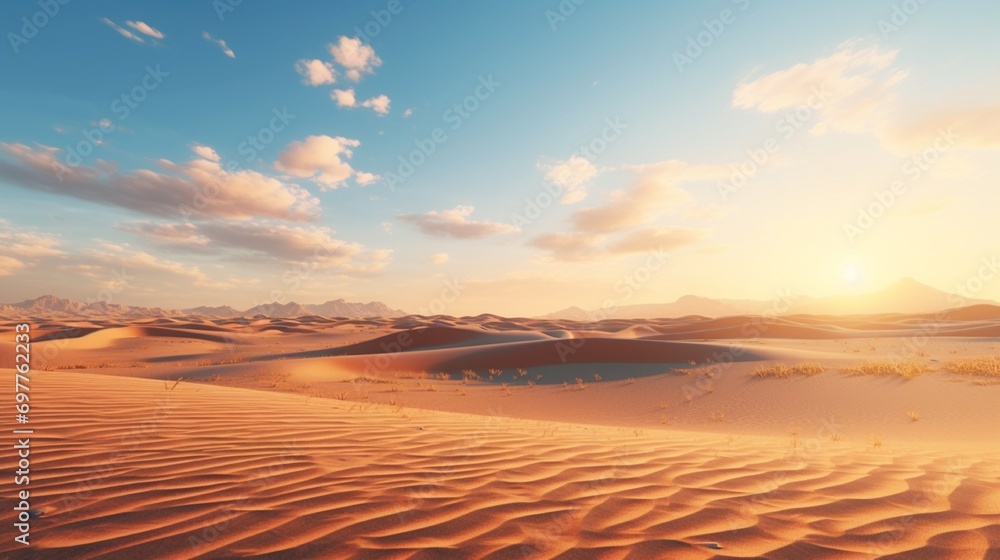 A vast arid desert landscape under a scorching sun, with endless sand dunes rippling towards the horizon.
