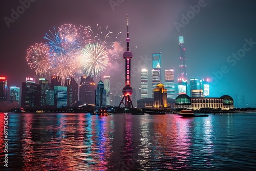Houses on the waterfront, which are decorated with traditional Chinese paper lanterns, colorful fireworks exploding over Chinese skyscrapers in Shanghai on New Year