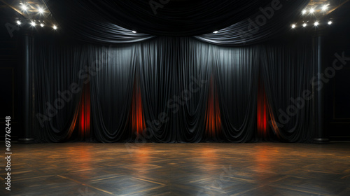 Classic banner with black theater curtains. Award ceremony background. Modern dark background with copy space. Generative AI