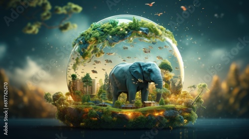 Fantasy landscape with green planet and elephant