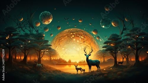 Fantasy landscape with trees, deer and moon. © Bilal
