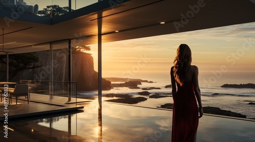 Female in contemporary home with view of sea. photo