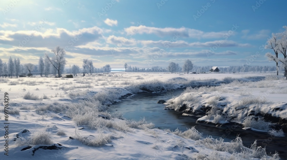 A winter scene along a levee, with snow covering the embankment and the surrounding fields, and a frozen river beside it. A winter scene along a levee, with snow covering the embankment and the surrounding fields, and a frozen river beside it.