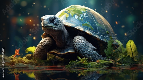 Turtle with a globe on a dark background.
