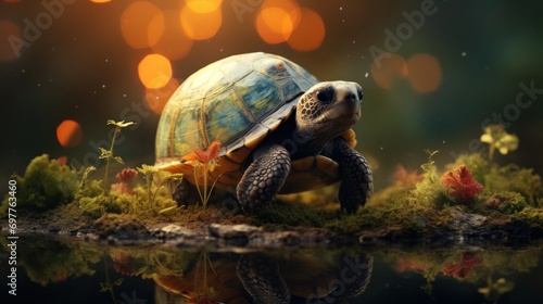 turtle on the moss with bokeh background.