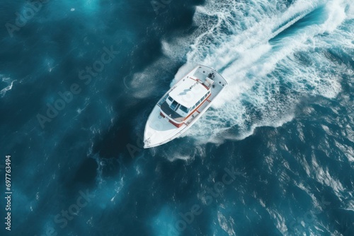 a beautiful modern white yacht sails on the blue sea and ocean, leaving a wave trail. top view