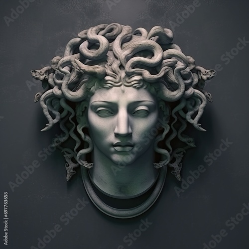 Medusa head Greek mythology with mysterious, bold, realistic look, 4k