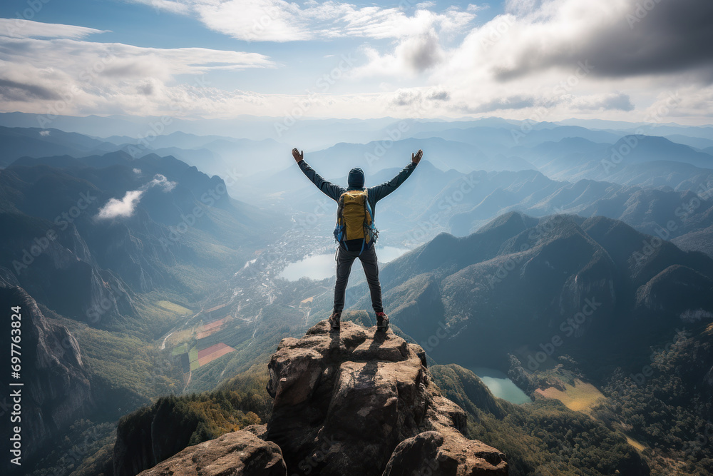 Traveler standing on top of a mountain with hands raised up , mission success and goal achieved, active tourism and mountain travel