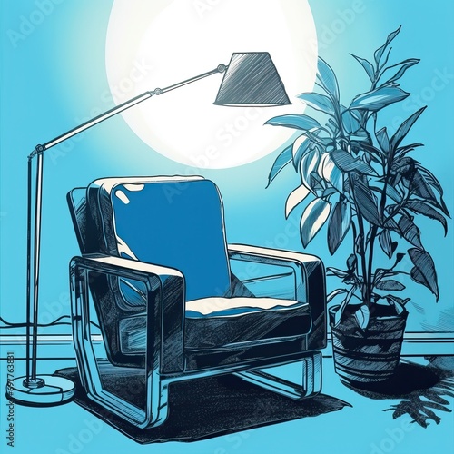 wassily chair, artistic, simple, bold, in room with lamp and plant, architecture, lino print, sketch style, design, partially blue, interior design setting, art post  photo