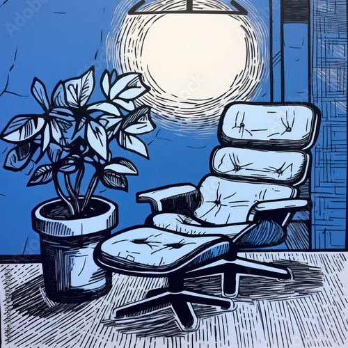 wassily chair, artistic, simple, bold, in room with lamp and plant, architecture, lino print, sketch style, design, partially blue, interior design setting, art post  photo