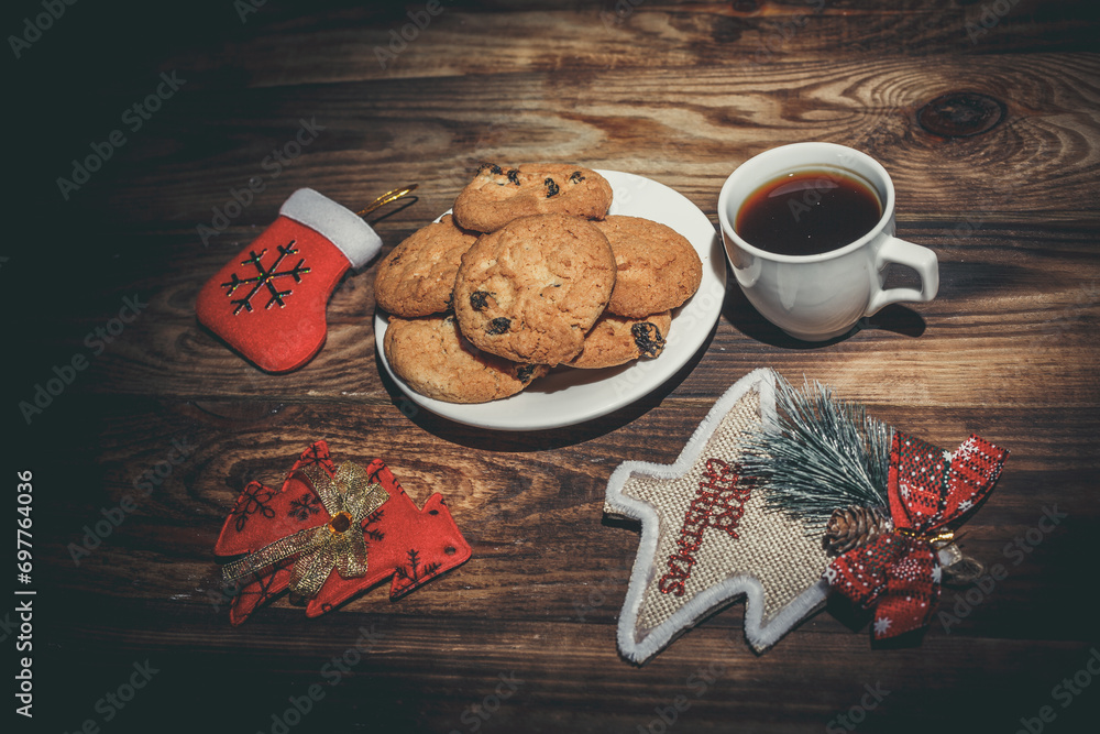 Background with different New Year's toys and chocolate cookies, New Year and Christmas Background with different New Year's toys and chocolate cookies, New Year and Christmas