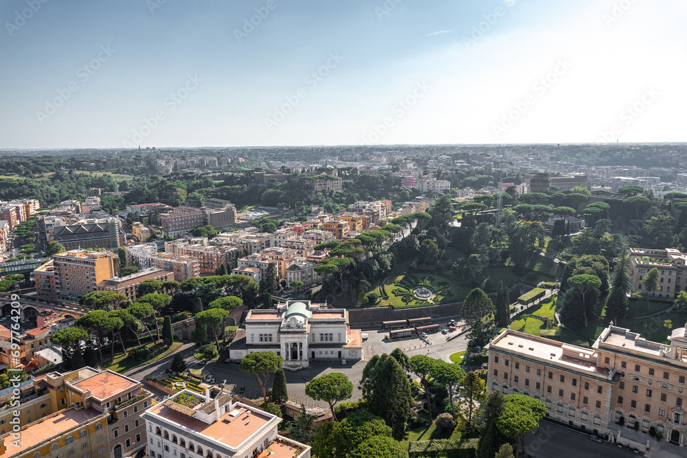 Aerial view of Vatican city railway station and gardens in Vatican City