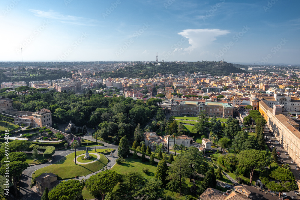 Skyline view of Vatican Gardens in Vatican City. Aerial view of Vatican City and Rome, Italy