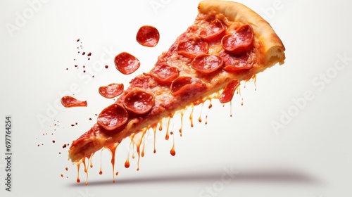 A pepperoni pizza slice in flight, captured from a side angle. The pepperonis appear slightly curled from the heat, casting subtle shadows on the cheese