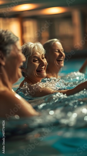 Active Senior Women Enjoying Aqua Fitness Class in Pool © Mauro