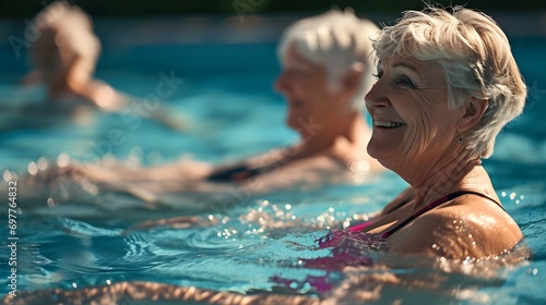 Active Senior Women Enjoying Aqua Fitness Class in Pool