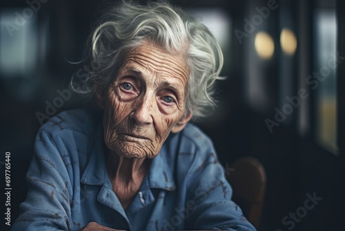 A poignant portrait of an elderly woman, reflecting solitude and sadness.