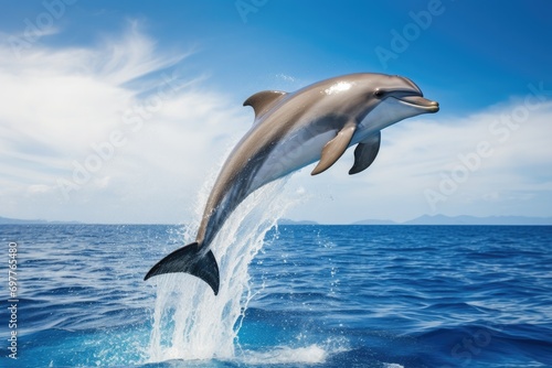 A joyful dolphin leaps playfully in the blue ocean, showcasing its intelligence and love for life.