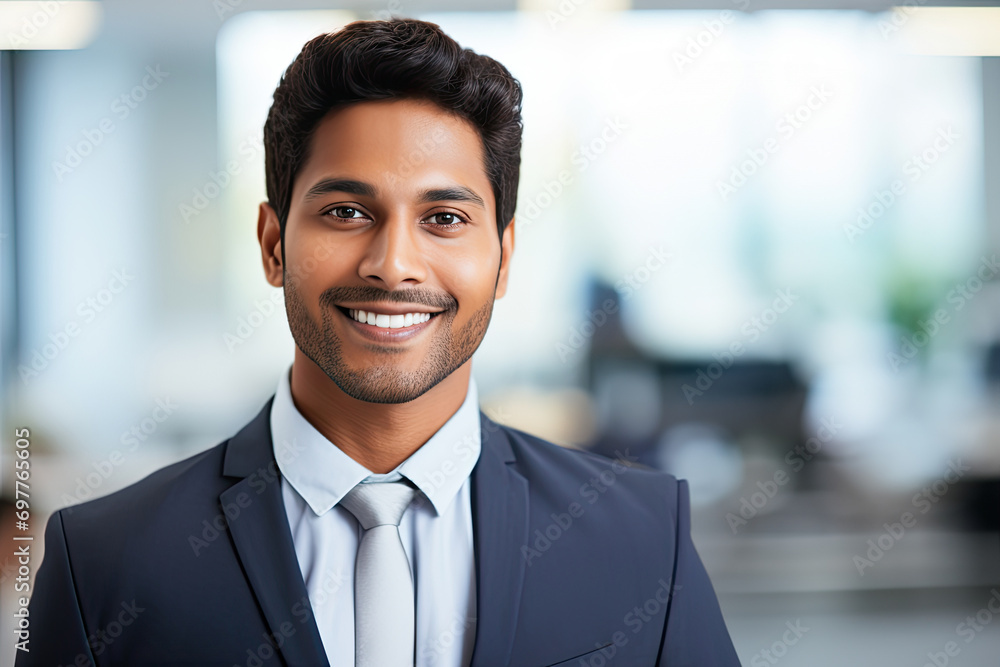 Confident Indian executive in a suit, a successful businessman, exudes happiness in a modern office. Confident Indian executive in a suit, a successful businessman, exudes happiness in a modern office.