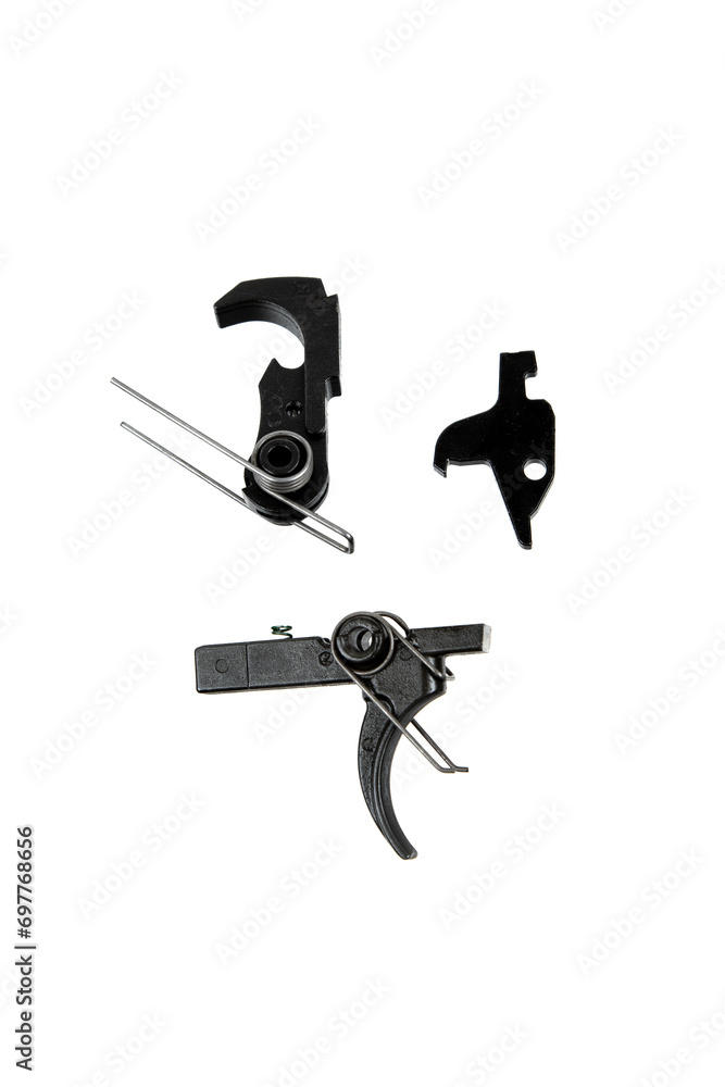 Shock trigger for gun isolate on white back. Gun trigger. Repair spare part. Shock trigger for gun isolate on white back. Gun trigger. Repair spare part.