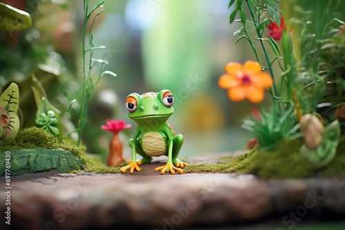 a green frog toy in a garden