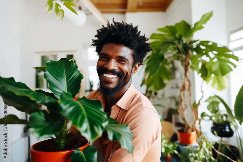 African American man taking care about houseplant and holding pot of houseplant. Home gardening, Plant care African American man taking care about houseplant and holding pot of houseplant. Home gardening, Plant care