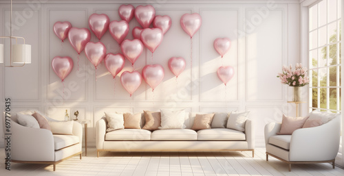 salón moderno decorado con gran sofá con cojines junto a mesita y jarrón con flores y ventana lateral, sobre fondo de pared decorada con globos rosas con forma de corazón photo