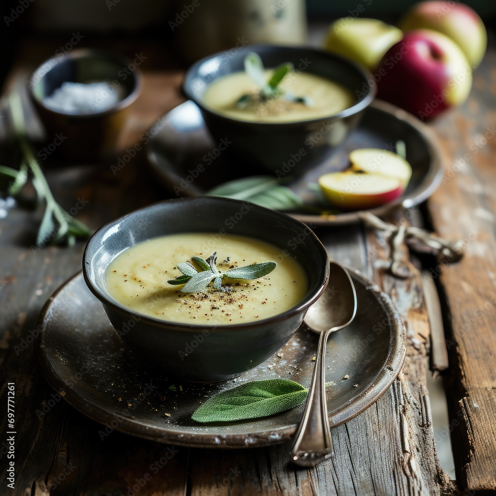 Roasted Parsnip and Apple Soup with Sage Butter-Rustic Scene Roasted Parsnip and Apple Soup with Sage Butter-Rustic Scene