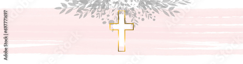 Golden Easter Cross Banner Illustration, Transparent Background with Textured Peach and Pink Watercolor Splash, Vector Clipart