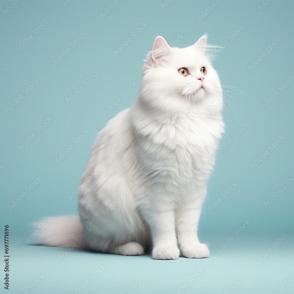 a white cat sitting on a blue background