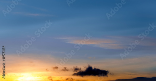 Sunset Sky Background Beautiful Morning Sunrise with colorful Yellow  Orange  Blue and Cloud on Spring Nature Panoramic Landscape Golden hour or Romantic Summer Sky