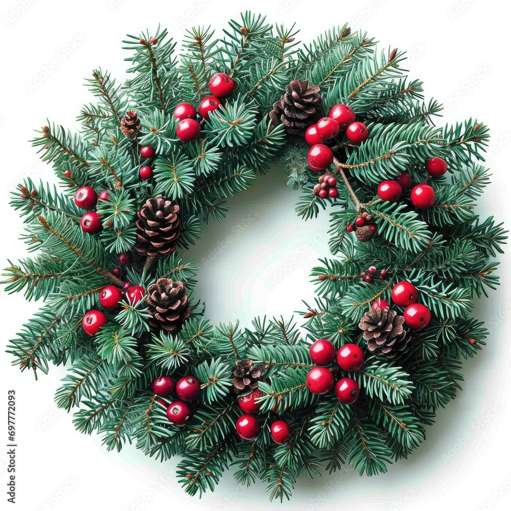 Advent wreath with red holly berries on a white background. New Year card, banner