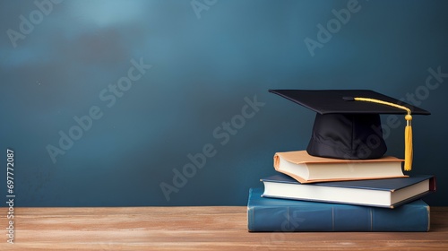 Graduate cap on a plain background, with books, graduation day concept