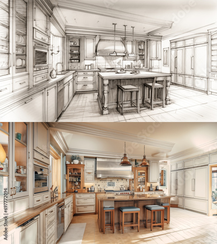 Concept Design Drawing to a Finished Renovation of a Residential Kitchen Interior. Generative AI.