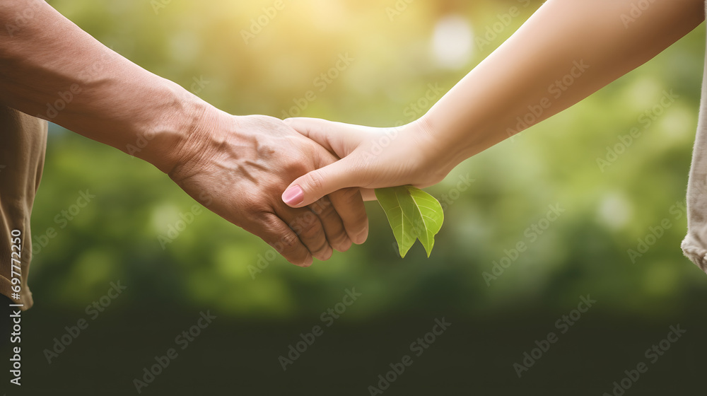 Senior couple holding hands together over green nature background. Senior couple holding hands together over green nature background.