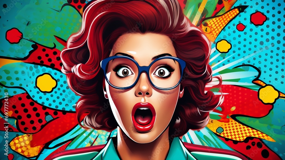 Portrait of surprised woman in glasses in retro pop art style, astonishment on woman face with bold colors and dynamic shapes evoking spirit of 1960s, vintage advertising billboard of shocked female