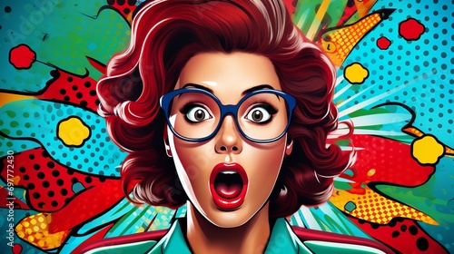 Portrait of surprised woman in glasses in retro pop art style, astonishment on woman face with bold colors and dynamic shapes evoking spirit of 1960s, vintage advertising billboard of shocked female photo