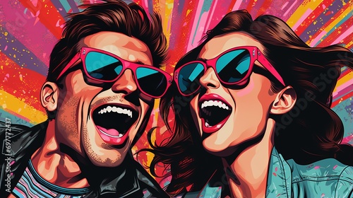 Lively vibrant portrait of laughing couple in sunglasses against multicolored background adorned with vivid confetti in retro pop art style, joyful celebration and moments of happiness of togetherness photo