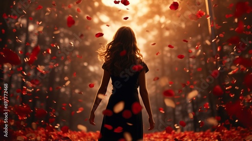 Back view of long haired young girl stands bathed in sunlight under red rose petals gently cascade, symbolizing blossoming femininity and delicate youthfulness, tenderness, and youthful charm photo