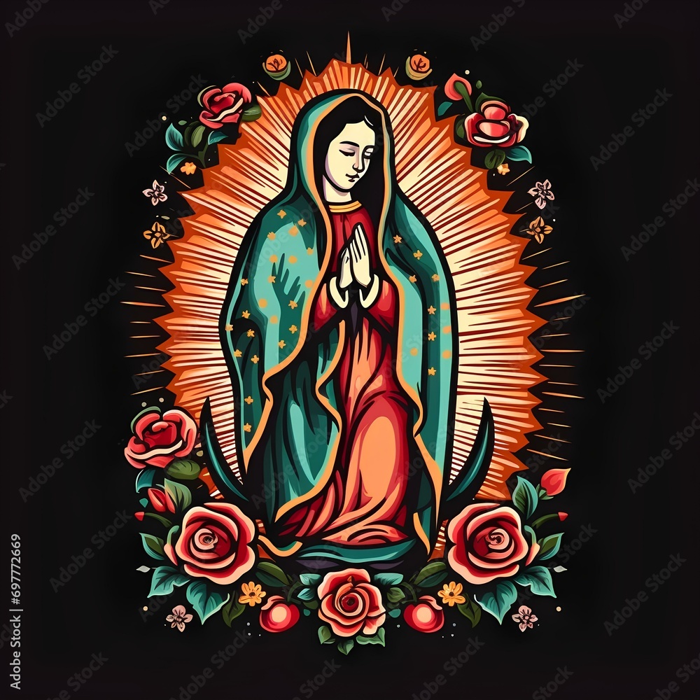 Virgin of Guadalupe illustration, celebration every December 12 in the Basilica of Guadalupe, a highly venerated virgin in Mexico and Latin America, also known as the brown virgin